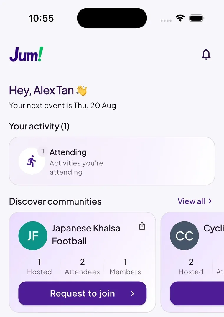 Jum app Home screen showing the Discover communities section, with community cards and Request to join buttons
