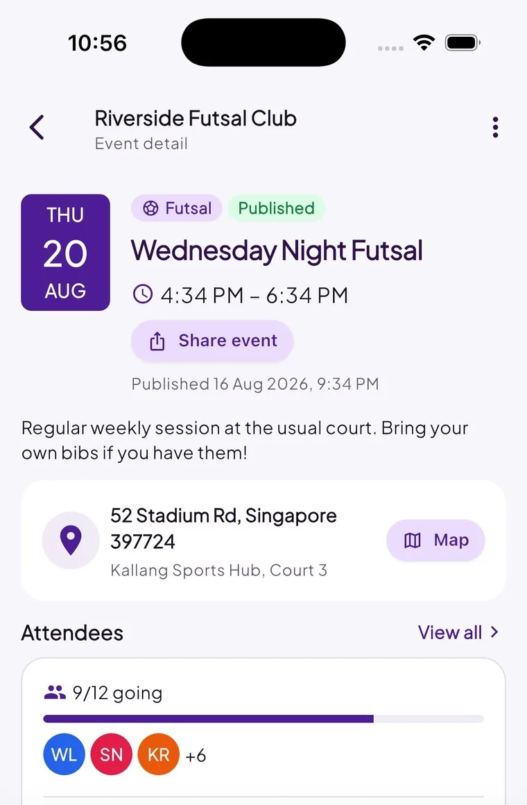 Jum app screen showing an event detail page with date, venue, attendee count and RSVP status