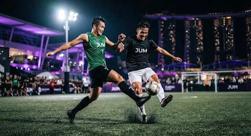 Two players challenging for the ball during a night futsal match, wearing Jum-branded bibs with the Marina Bay skyline lit up behind them
