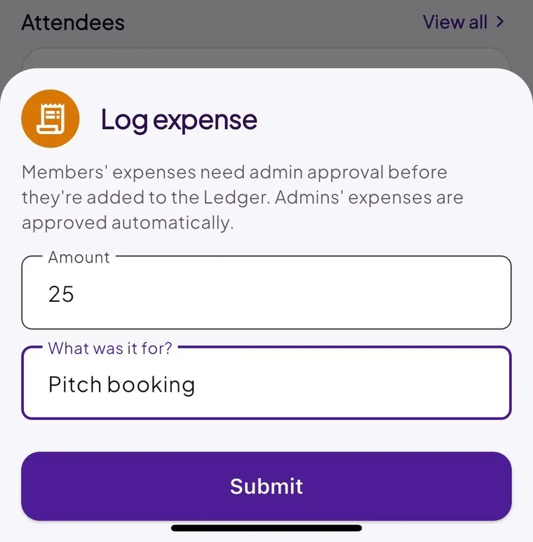 Jum app screen showing the log expense form used to record a court cost, filled in with an amount and description