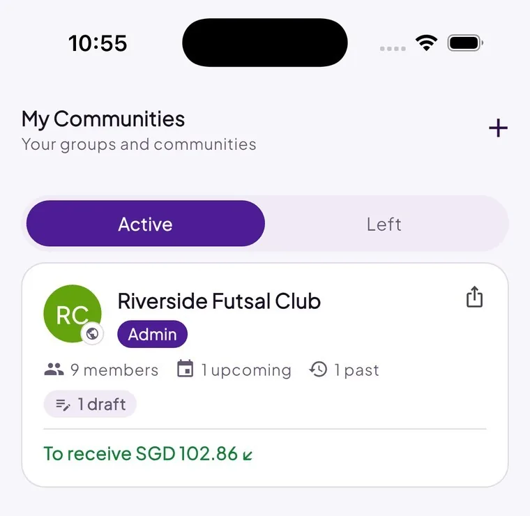 Jum app screen showing My Communities with member counts and balances