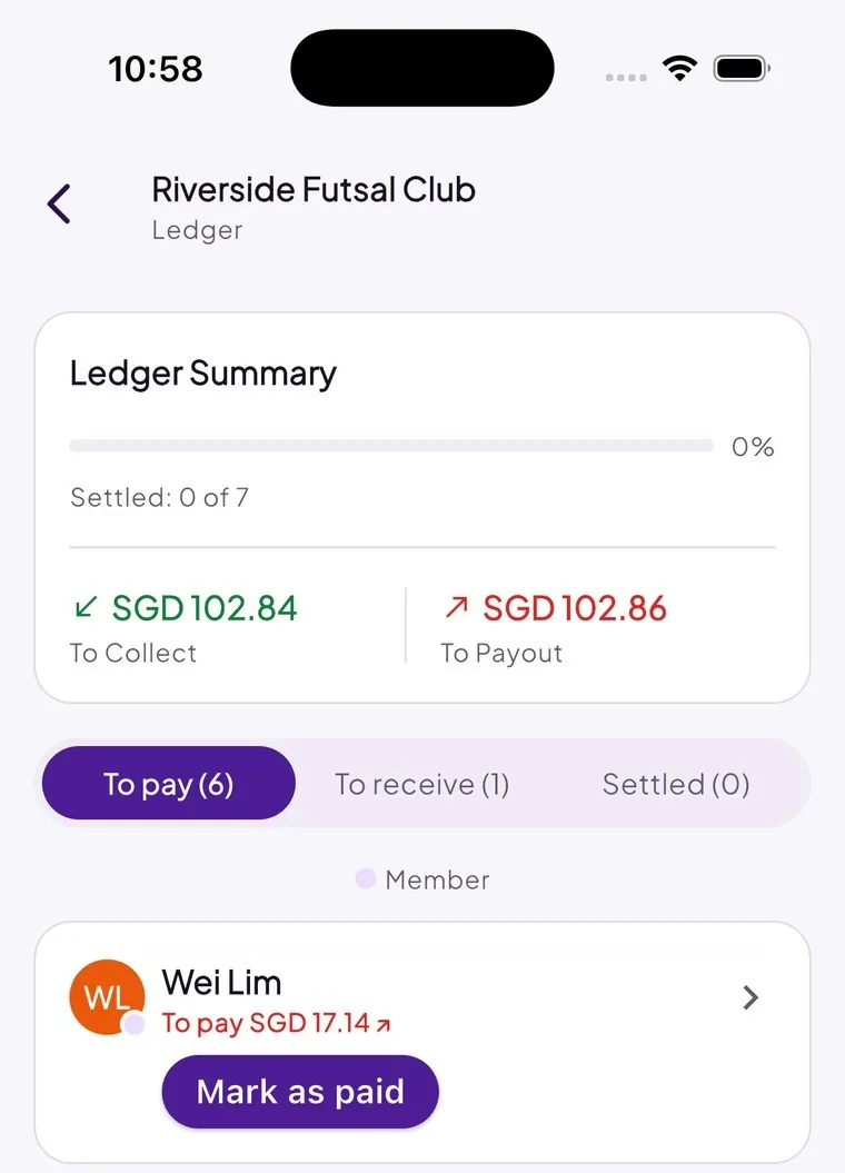 Jum app screen showing a settlement list with who owes what and a mark as paid action